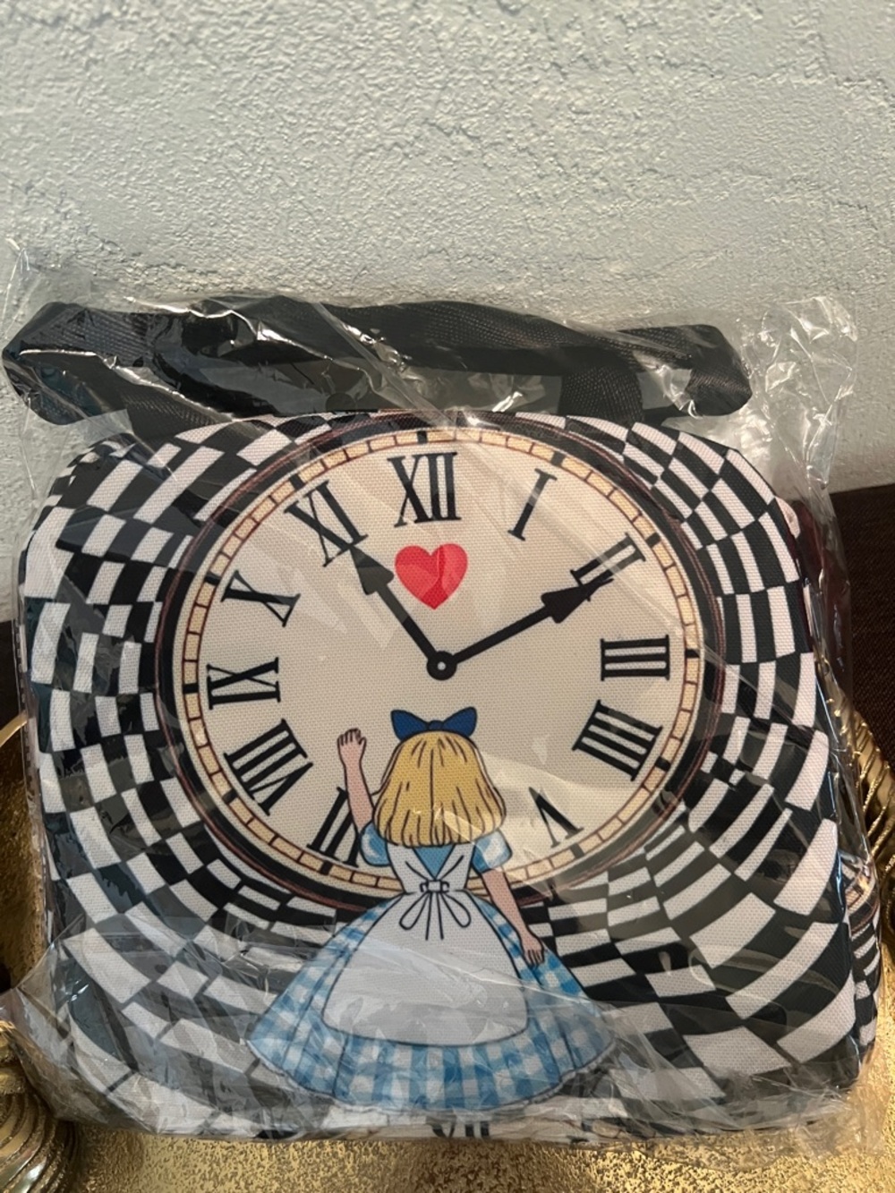 1707** Alice Clock Print Lunch Bag - Black and White